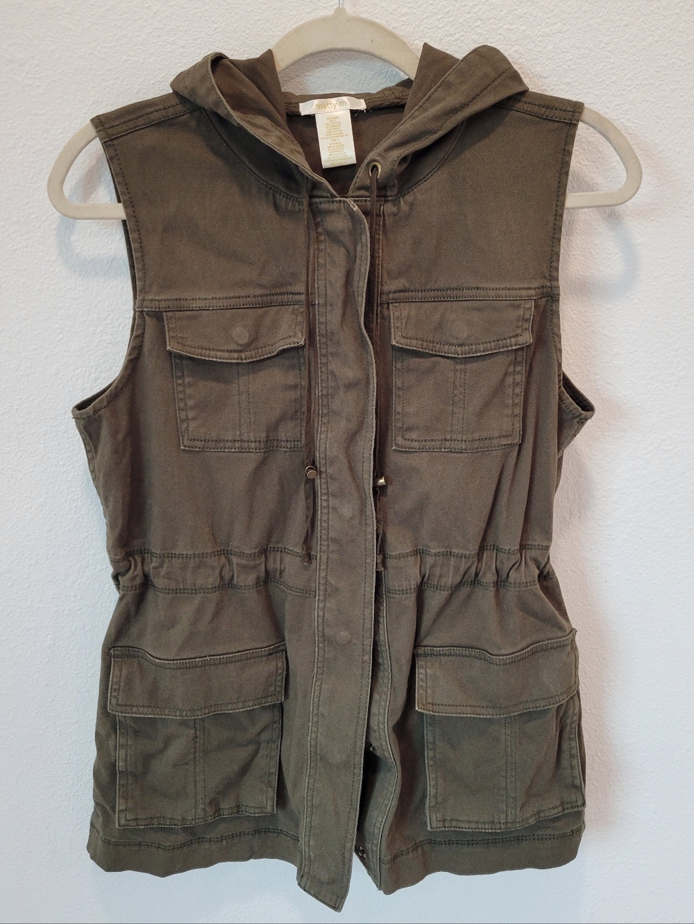 Matty M Hooded Utility Vest Womens Small Army Green Cinch Waist
